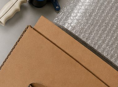 Caja de cartón y plástico burbuja de protección